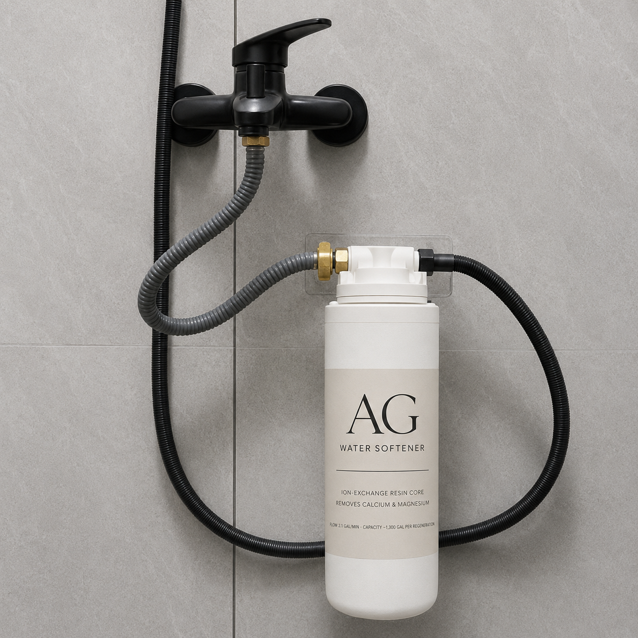 AG Water Softener installed inline in a shower